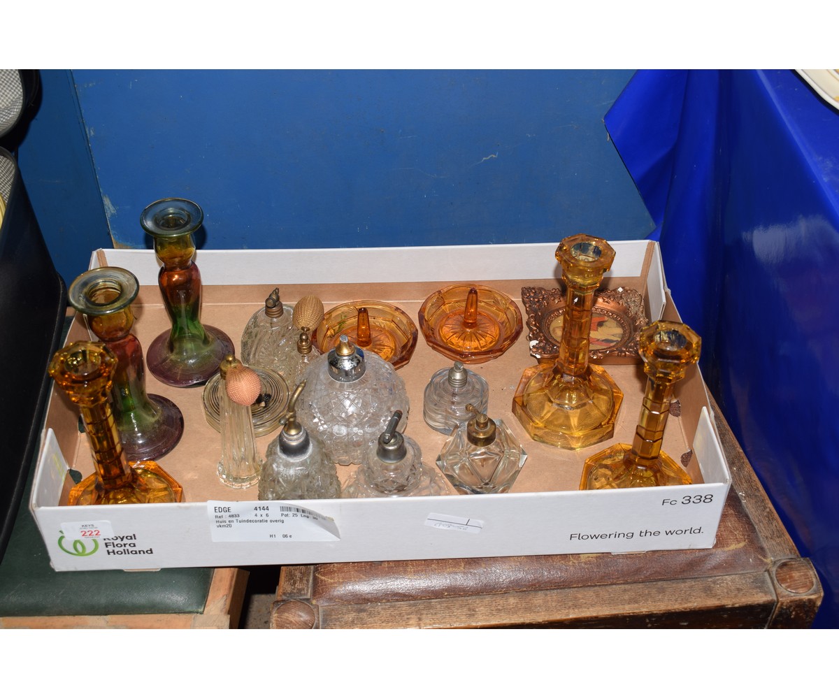 BOX CONTAINING VARIOUS VINTAGE GLASS ATOMISERS, CANDLESTICKS AND DRESSING TABLE WARE