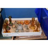 BOX CONTAINING VARIOUS VINTAGE GLASS ATOMISERS, CANDLESTICKS AND DRESSING TABLE WARE