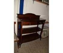 EARLY 20TH CENTURY MAHOGANY BOW FRONTED THREE TIER BUFFET, UPPER TIER WITH TWO DRAWERS