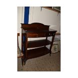 EARLY 20TH CENTURY MAHOGANY BOW FRONTED THREE TIER BUFFET, UPPER TIER WITH TWO DRAWERS