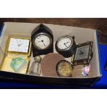 BOX VARIOUS TRAVELLING CLOCKS, FIGURES ETC