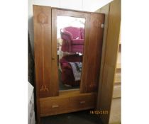 OAK FRAMED ARTS & CRAFTS STYLISED SINGLE MIRRORED DOOR WARDROBE WITH INLAID FLORAL DETAIL AND FULL