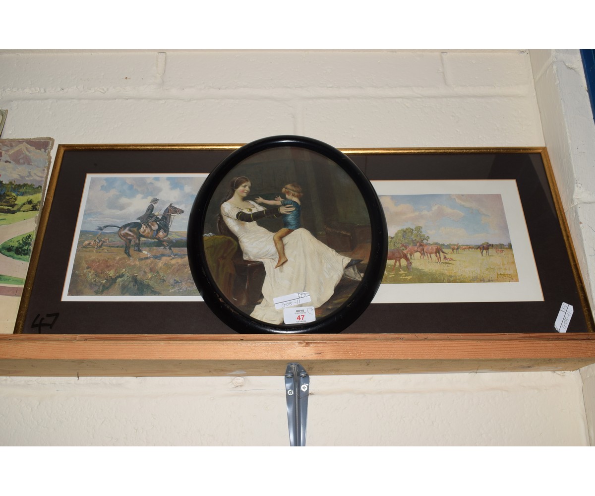 OVAL PRINT DEPICTING WOMAN AND CHILD AND TWO FURTHER EQUESTRIAN PRINTS AFTER LIONEL EDWARDS