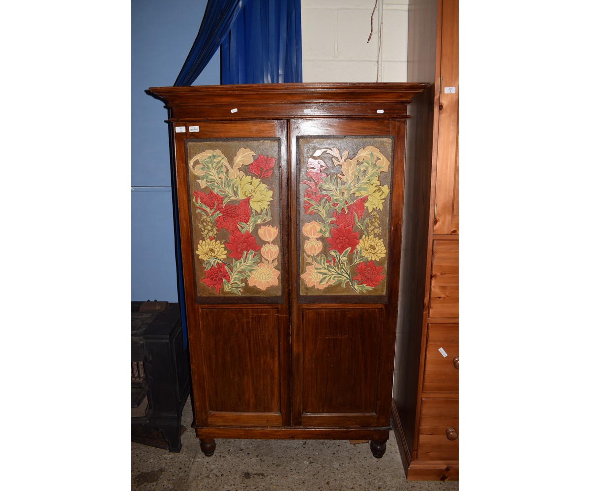 MAHOGANY FRAMED PAINTED PANELLED CUPBOARD RAISED ON BUN FEET