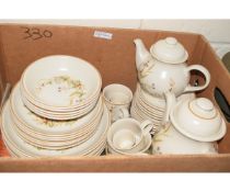 BOX HARVEST TABLE WARE INCLUDING TEA POTS, PLATES, CUPS AND SAUCERS ETC