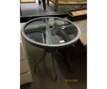 METAL FRAMED CIRCULAR GLASS TOPPED GARDEN TABLE AND TWO FOLDING CHAIRS