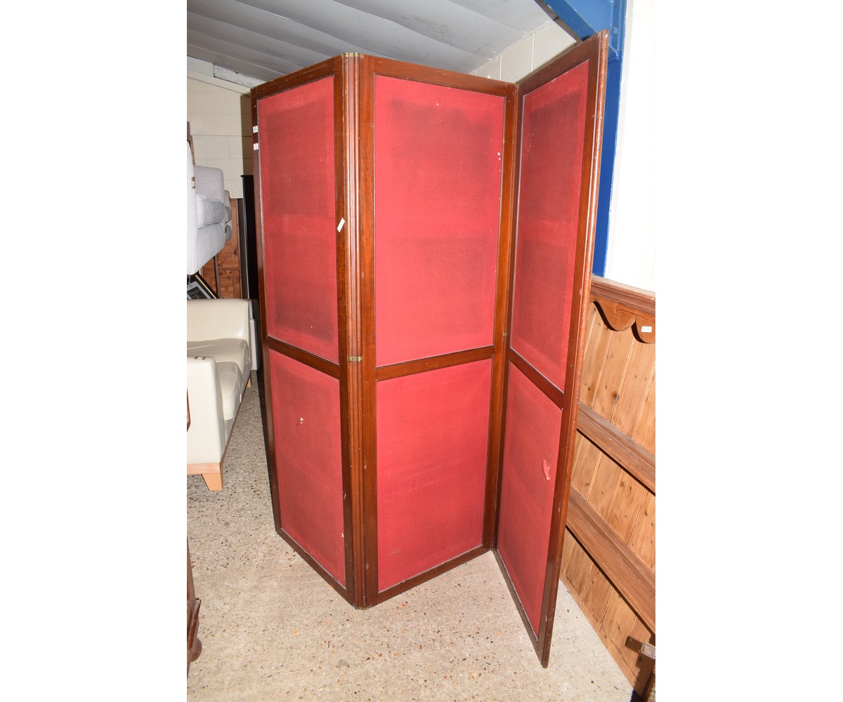 19TH CENTURY MAHOGANY THREE SECTIONAL SCREEN WITH RED FABRIC PANELS AND DECORATIVE BRASS HINGES