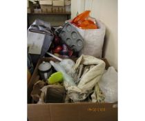 BOX AND TWO CARRIER BAGS OF VARIOUS KITCHEN WARES, GLASS WARE ETC