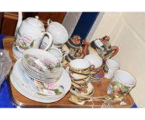 TRAY OF VARIOUS EGG SHELL TEA WARES, PLATED CUTLERY