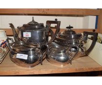 THREE PIECE EPBM TEA SET AND FURTHER HALF-FLUTED PLATED TEA POT