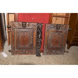 TWO 19TH CENTURY OAK CARVED SIDEBOARD DOORS DECORATED WITH MASKS AND CARYATID ETC