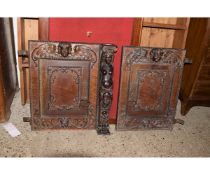 TWO 19TH CENTURY OAK CARVED SIDEBOARD DOORS DECORATED WITH MASKS AND CARYATID ETC