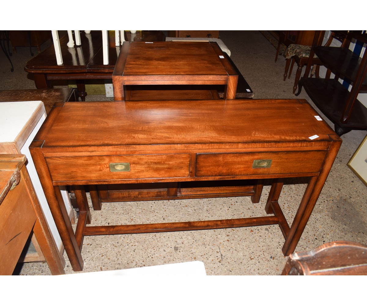 MODERN MAHOGANY STAINED SUITE OF HALL TABLE AND TWO COFFEE TABLES