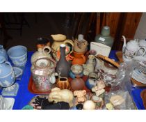 TRAY INCLUDING CANTON FAMILLE ROSE TEA POT, VARIOUS OTHER VASES, TEA POTS ETC