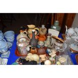 TRAY INCLUDING CANTON FAMILLE ROSE TEA POT, VARIOUS OTHER VASES, TEA POTS ETC