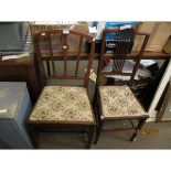 EDWARDIAN MAHOGANY AND SATINWOOD BANDED SPLAT BACK BEDROOM CHAIR WITH FLORAL UPHOLSTERED AND A OAK