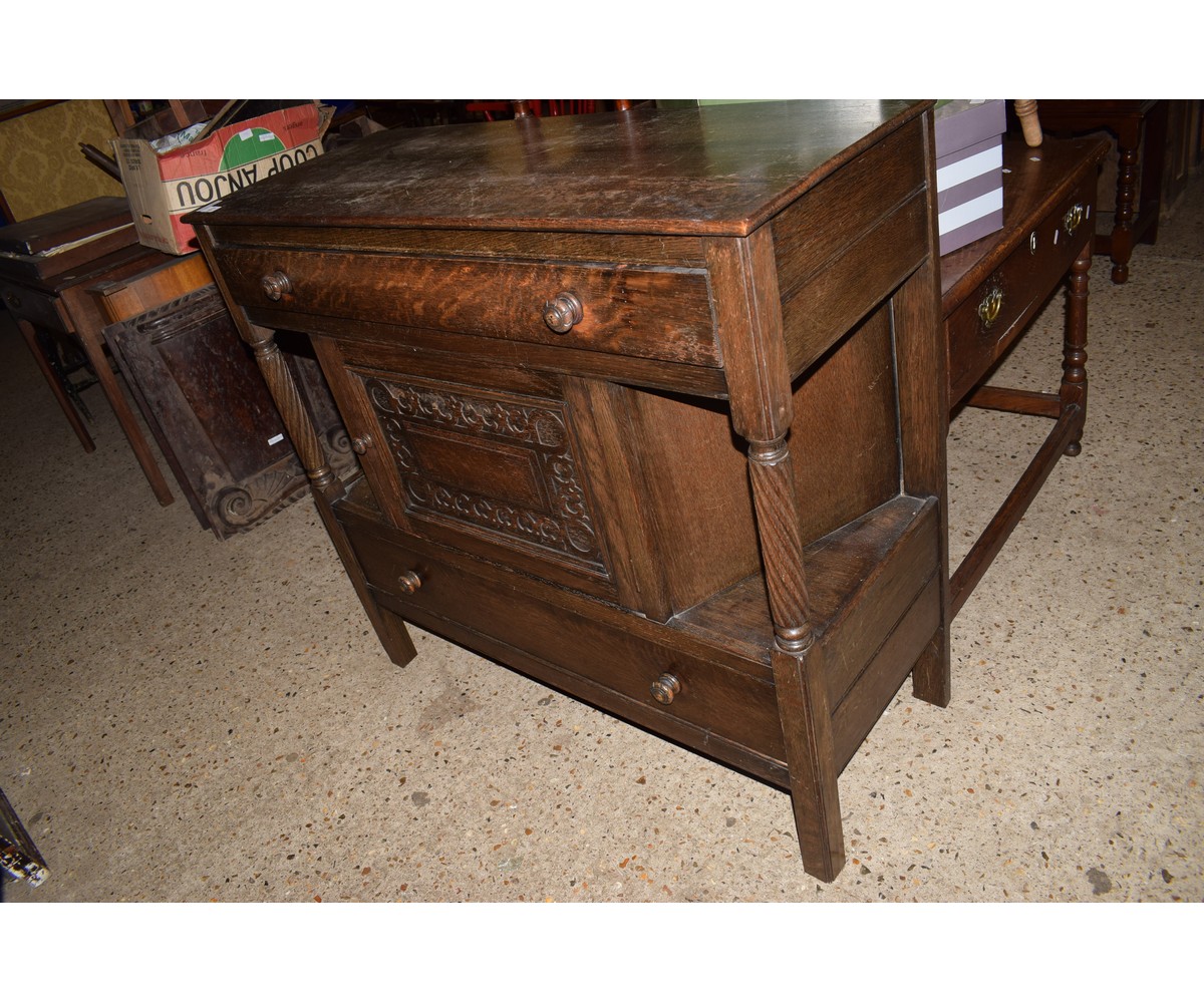 CARVED OAK SINGLE DRAWER SIDEBOARD, FURTHER CUPBOARD AND DRAWER BELOW