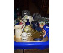 TRAY OF VARIOUS INCLUDING BRASS MANTEL CLOCK, ORIENTAL GINGER JARS, GLASS WARE, POTTERY ETC