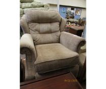 BROWN UPHOLSTERED MODERN ARMCHAIR WITH BUTTON BACK