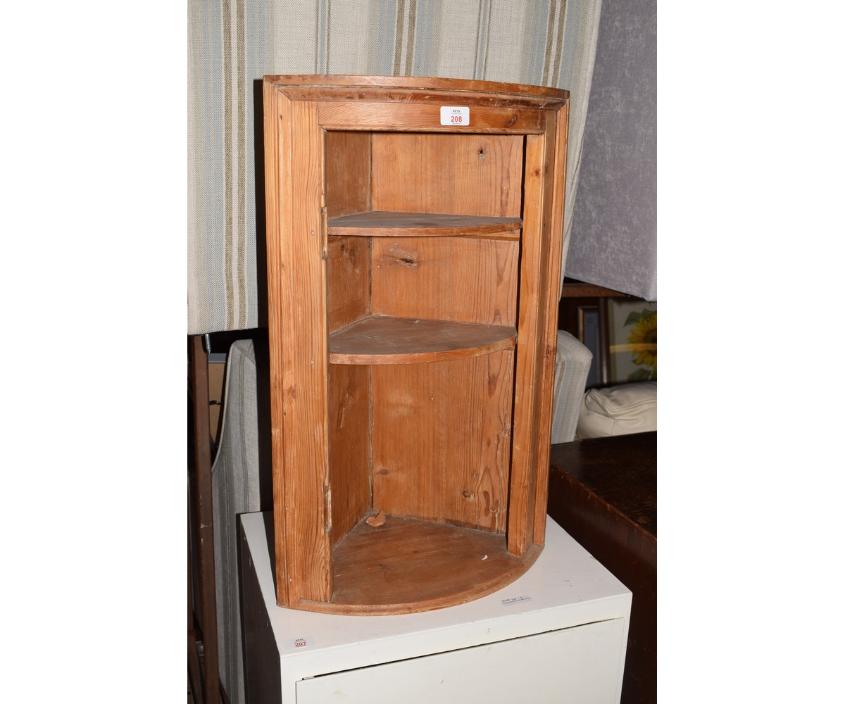 SMALL PINE BOW FRONTED WALL MOUNTING CORNER CUPBOARD