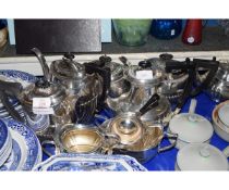 EARLY 20TH CENTURY ELECTRO PLATED FOUR PIECE TEA SET COMPRISING HOT WATER POT, TEA POT, SUGAR