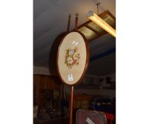 VICTORIAN MAHOGANY POLE SCREEN WITH OVAL SCREEN WITH FLORAL EMBROIDERED PANEL