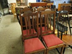 SET OF FOUR OAK ARTS & CRAFTS DINING CHAIRS WITH SPLAT BACKS AND RED DROP IN SEATS ON SQUARE FRONT