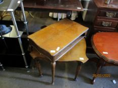 PLYWOOD FORMED SQUARE SIDE TABLE ON PAD FEET AND A FURTHER WALNUT TABLE (2)