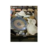 TWO BOXES OF MIXED CHINA WARES, ONYX EWER, PLATES ETC