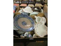 TWO BOXES OF MIXED CHINA WARES, ONYX EWER, PLATES ETC