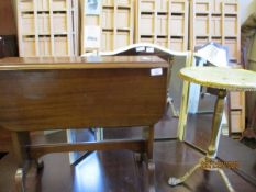 MAHOGANY FRAMED SMALL DROP LEAF TABLE, A WHITE FRAMED TRIPLE DRESSING TABLE MIRROR AND A BRASS