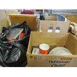 THREE BOXES OF MIXED KITCHEN WARES, PANS ETC