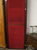 19TH CENTURY MAHOGANY THREE SECTIONAL SCREEN WITH RED FABRIC PANELS AND DECORATIVE BRASS HINGES