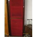 19TH CENTURY MAHOGANY THREE SECTIONAL SCREEN WITH RED FABRIC PANELS AND DECORATIVE BRASS HINGES