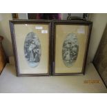 PAIR OF TEAK FRAMED OVAL PRINTS OF A LADY AND CHILDREN