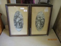 PAIR OF TEAK FRAMED OVAL PRINTS OF A LADY AND CHILDREN