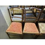 PAIR OF EDWARDIAN MAHOGANY AND INLAID BEDROOM CHAIRS WITH CORAL UPHOLSTERED SEATS