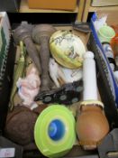 BOX: NATWEST PIG, BURLEIGH WARE ASHTRAY, ROYAL DOULTON SERIES WARE PLATE, CANDLESTICKS ETC