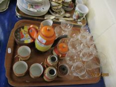 TRAY CONTAINING MODERN JAPANESE TEA WARES, ETCHED GLASS WARES ETC