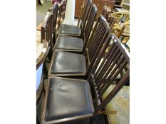 SET OF FOUR EDWARDIAN MAHOGANY DINING CHAIRS WITH BROWN REXINE DROP IN SEATS