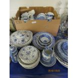 BOX AND VARIOUS LOOSE SPODE AND OTHER ENGLISH BLUE PRINTED WARES ETC