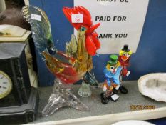 TWO MURANO GLASS CLOWNS, FISH AND VASE MODELLED AS A COCKEREL