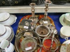 TRAY OF VARIOUS SILVER PLATE INCLUDES CANDLESTICKS, SARDINE BOX, TABLE LIGHTER ETC