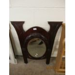 ARTS & CRAFTS STYLISED MAHOGANY FRAMED MIRROR WITH OVAL INSET MIRROR WITH GARLAND DETAIL