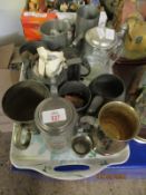 TRAY CONTAINING METAL AND PEWTER AND GLASS TANKARDS