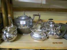 THREE PIECE EPBM TEA SET AND FURTHER HALF-FLUTED PLATED TEA POT