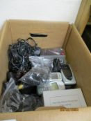 BOX OF OLD MOBILE PHONES, CHARGERS ETC