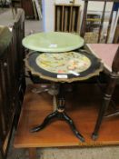 BLACK AND GILT PAINTED CIRCULAR PEDESTAL TABLE AND A FURTHER MODERN PEDESTAL TABLE