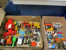 TWO BOXES OF VARIOUS VINTAGE PLASTIC AND DIE-CAST TOYS INCLUDES FARM MACHINERY, CARS ETC