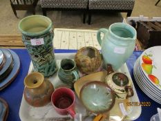 TRAY CONTAINING CORNISH WARE TEA POT, VARIOUS OTHER POTTERY